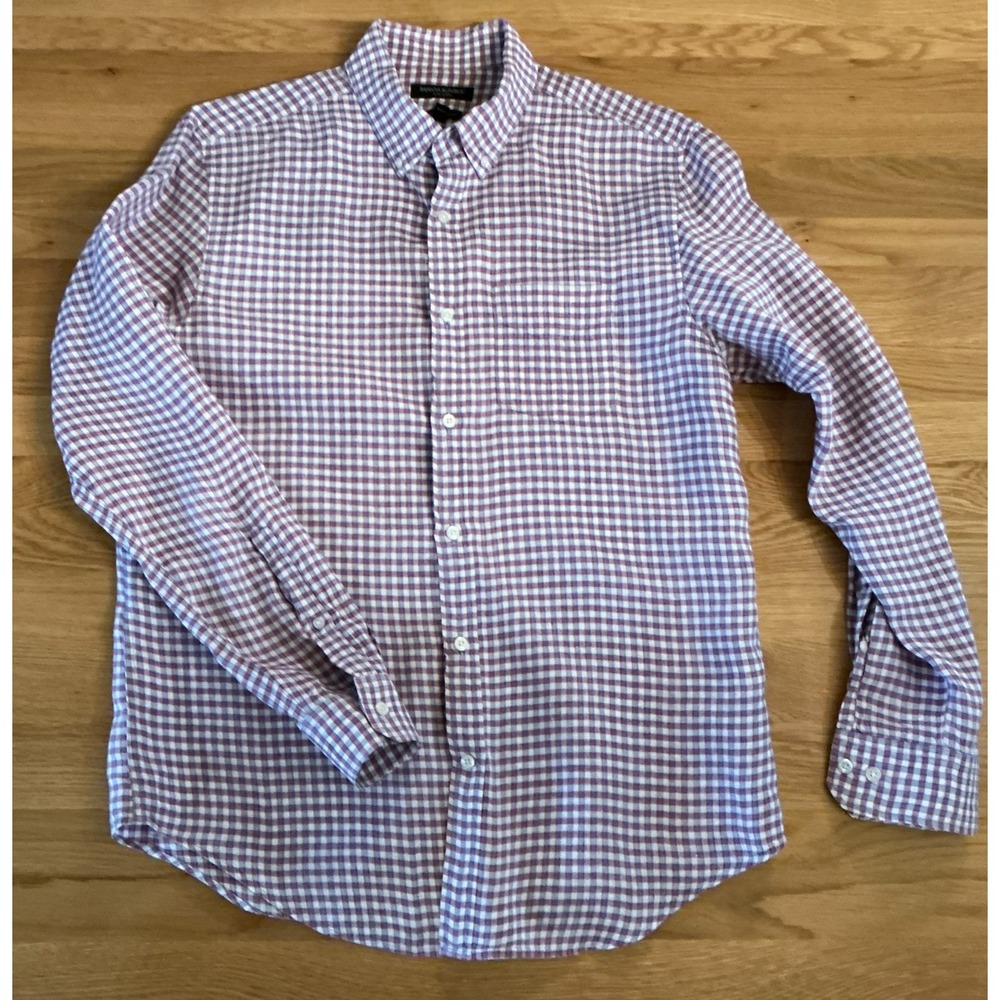 Banana Republic Linen Shirt Men's Medium Camden Standard Fit Plaid Button Down‎